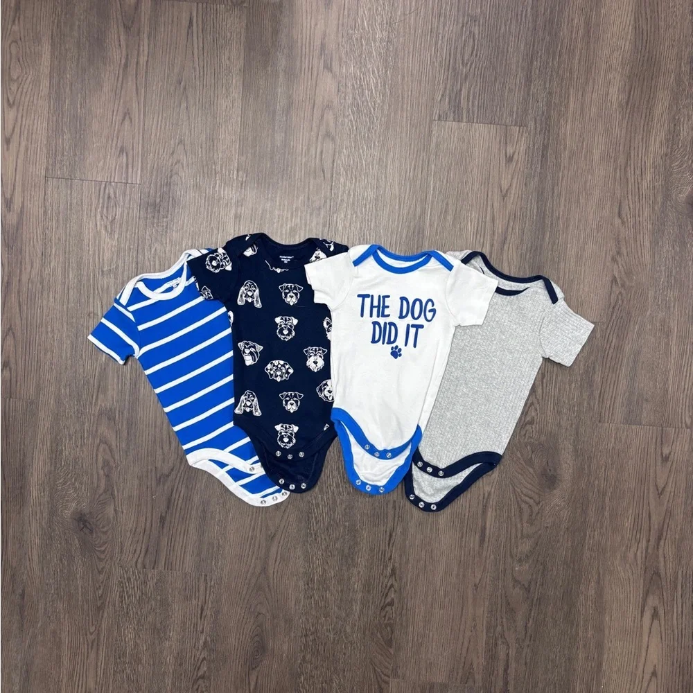 NWOT Member’s Mark 6 month Baby Bodysuits Set x4 in Blues, Gray, and White